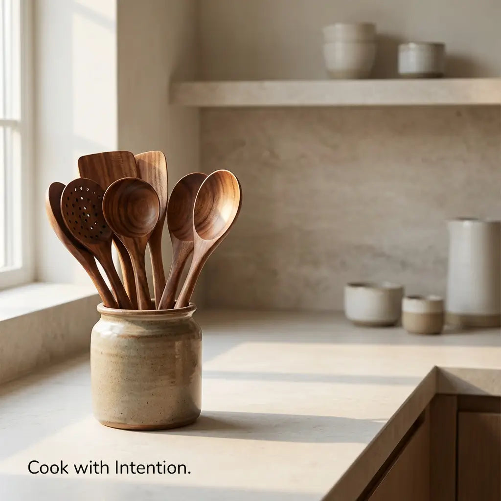 ForestCraft teak 7-Piece kitchen utensils Set in a ceramic crock.