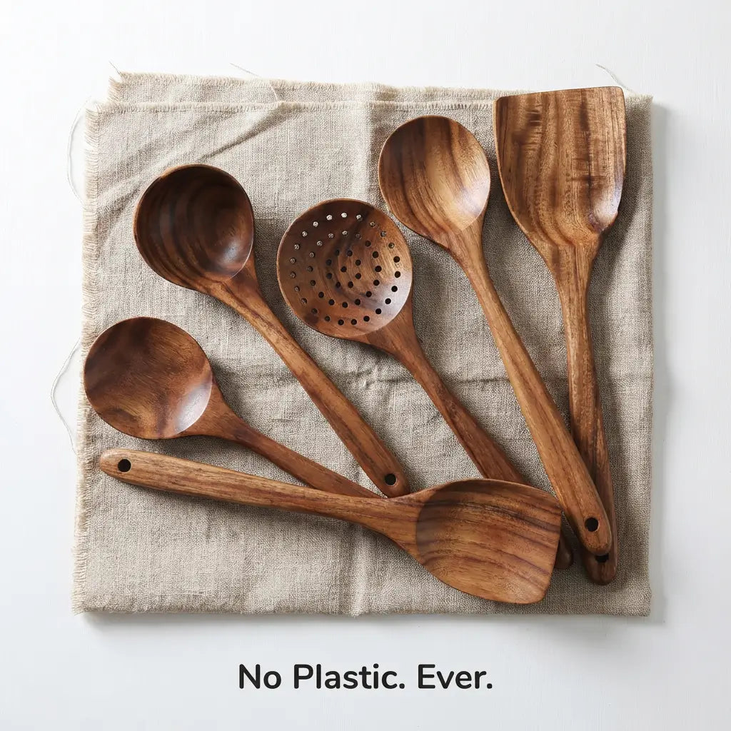 ForestCraft teak kitchen utensils laid out on burlap napkin - No Plastic Ever