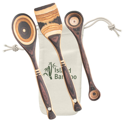 Island Bamboo Natural Pakkawood Baking Set – 3 Piece Kitchen Bakeware Set with Spoon Spatula Double-sided 1 TBS & 1 tsp Measuring Spoon Eco-friendly Utensils for Housewarming