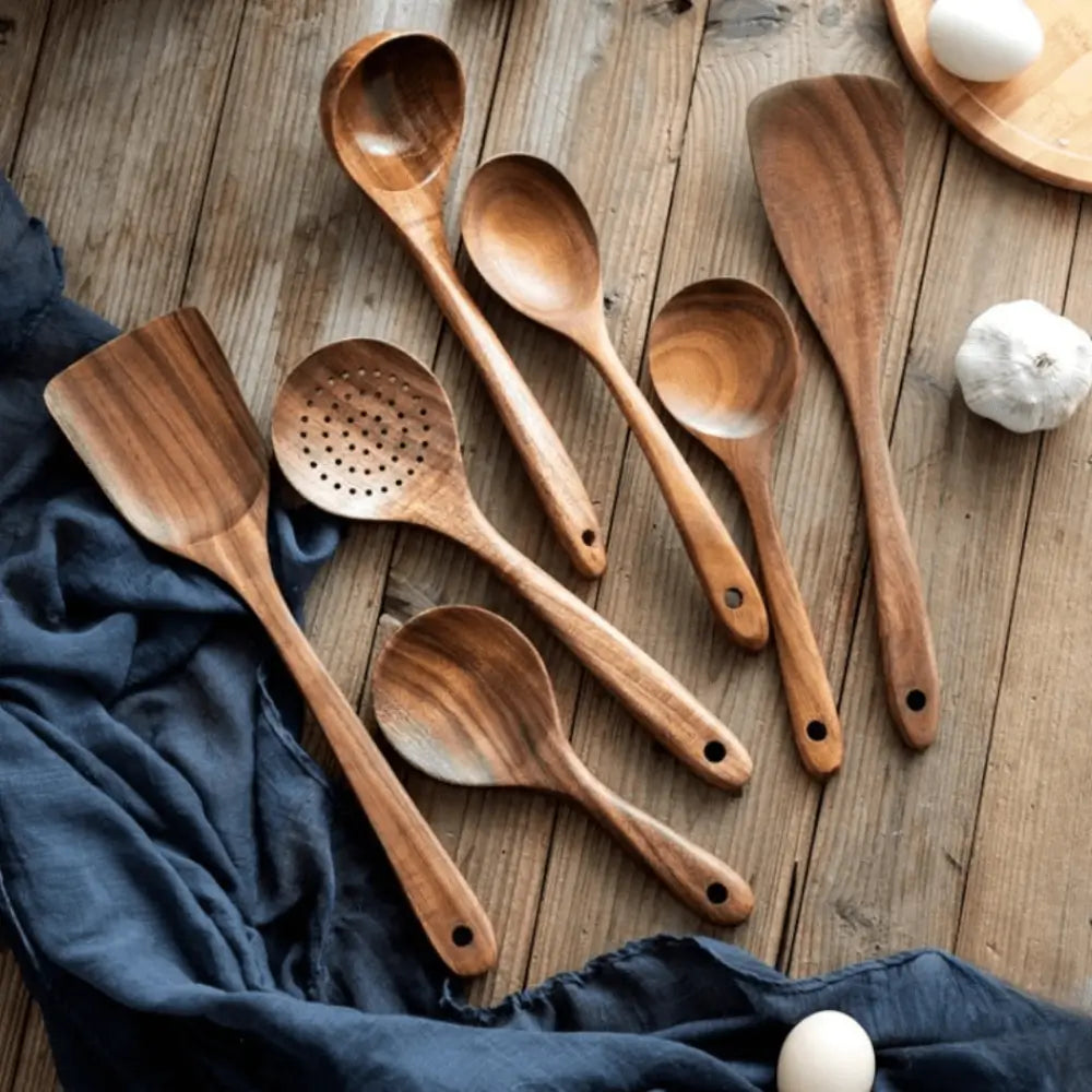 ForestCraft teak 7-Piece kitchen utensils Set on a wooden counter