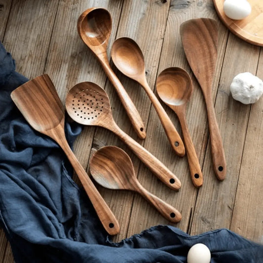 ForestCraft teak 7-Piece kitchen utensils Set on a wooden counter