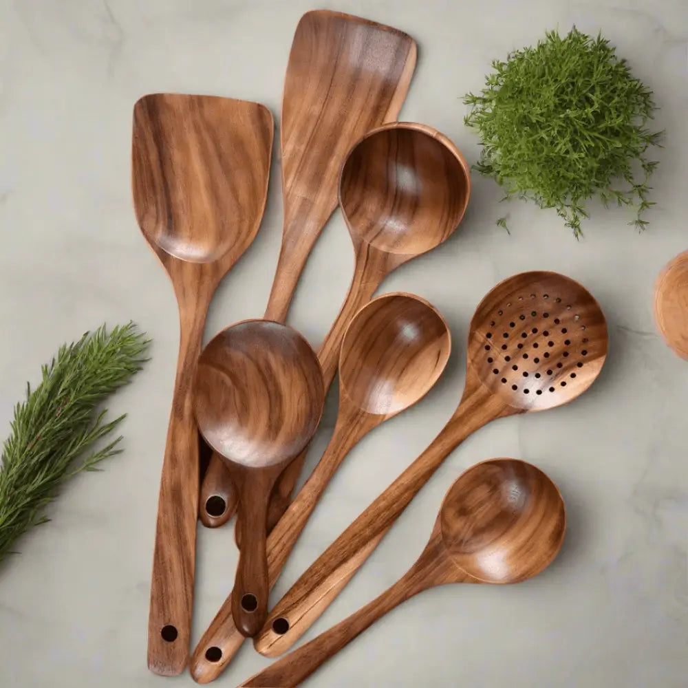 ForestCraft teak 7-Piece kitchen utensils Set on a wooden counter
