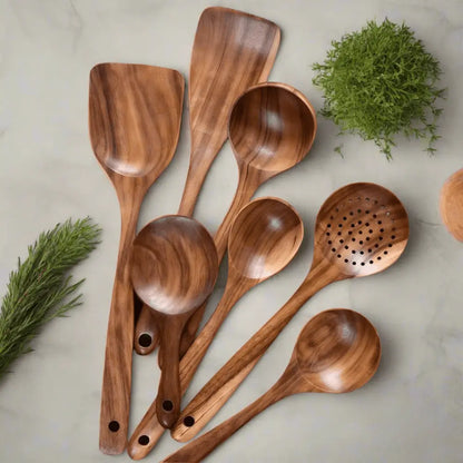 ForestCraft teak 7-Piece kitchen utensils Set on a wooden counter