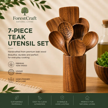 ForestCraft teak 7-Piece kitchen utensil set