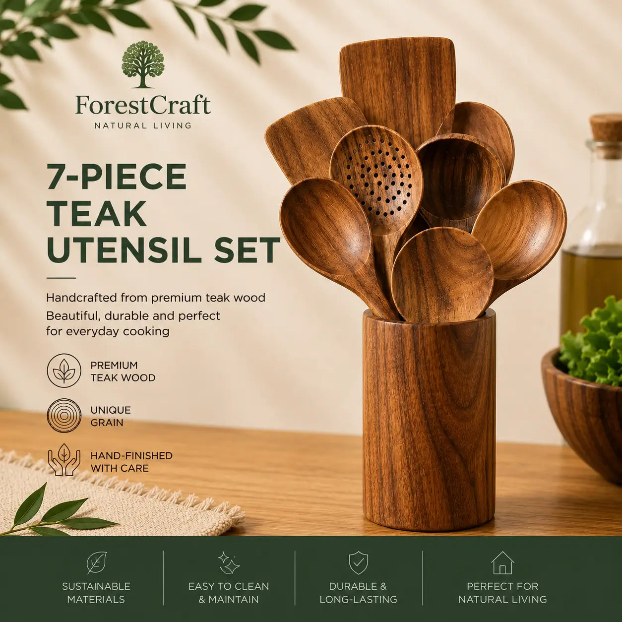 ForestCraft teak 7-Piece kitchen utensil set