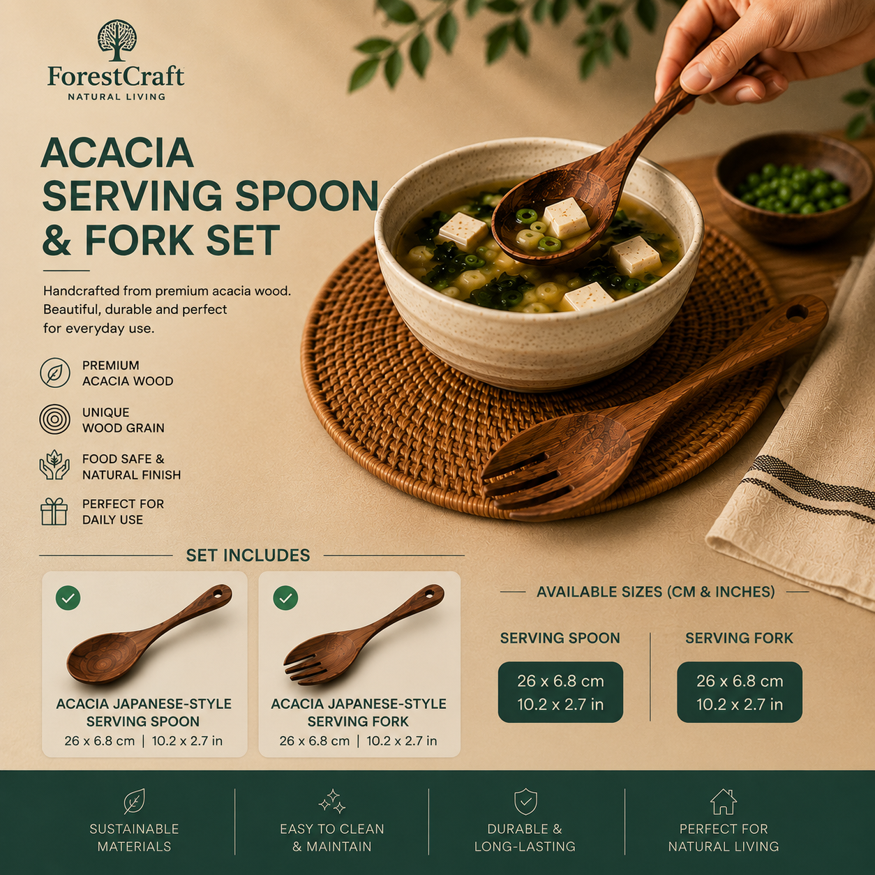 ForestCraft Acacia Serving Spoon & Fork Set