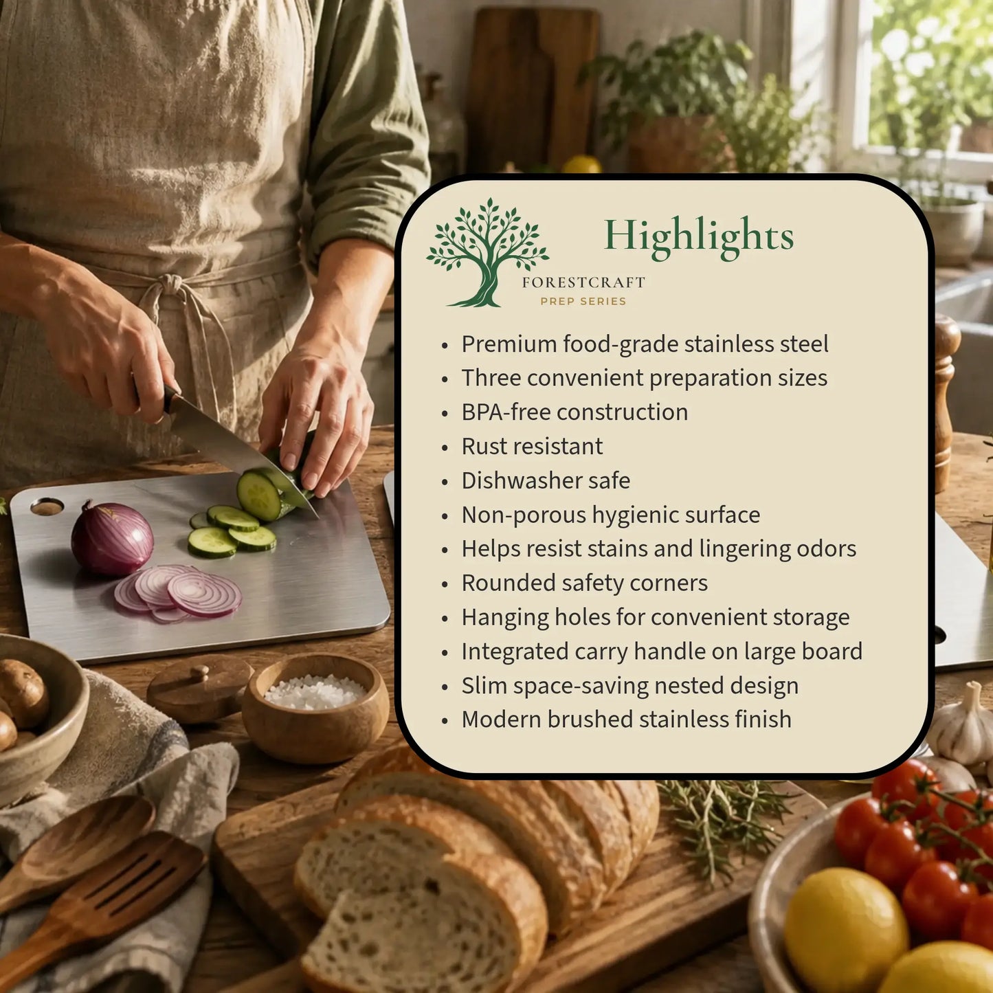 ForestCraft Prep Boards – 3-Piece Stainless Steel Cutting Board Set