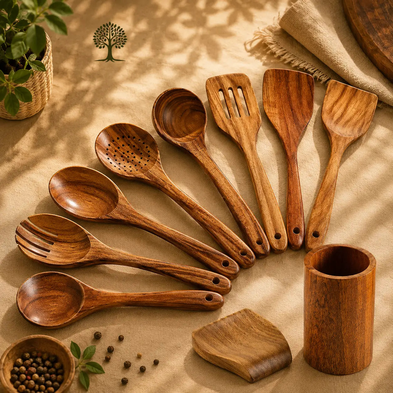 ForestCraft 10-Piece acacia kitchen utensils on counter.
