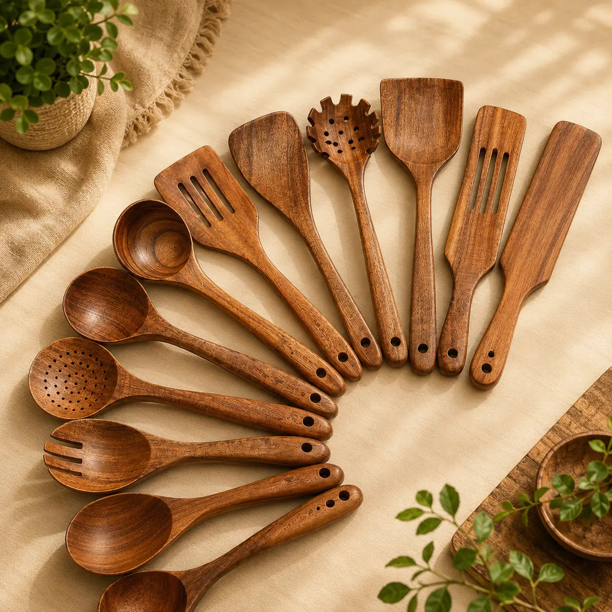 ForestCraft 12-Piece acacia kitchen utensils on counter.
