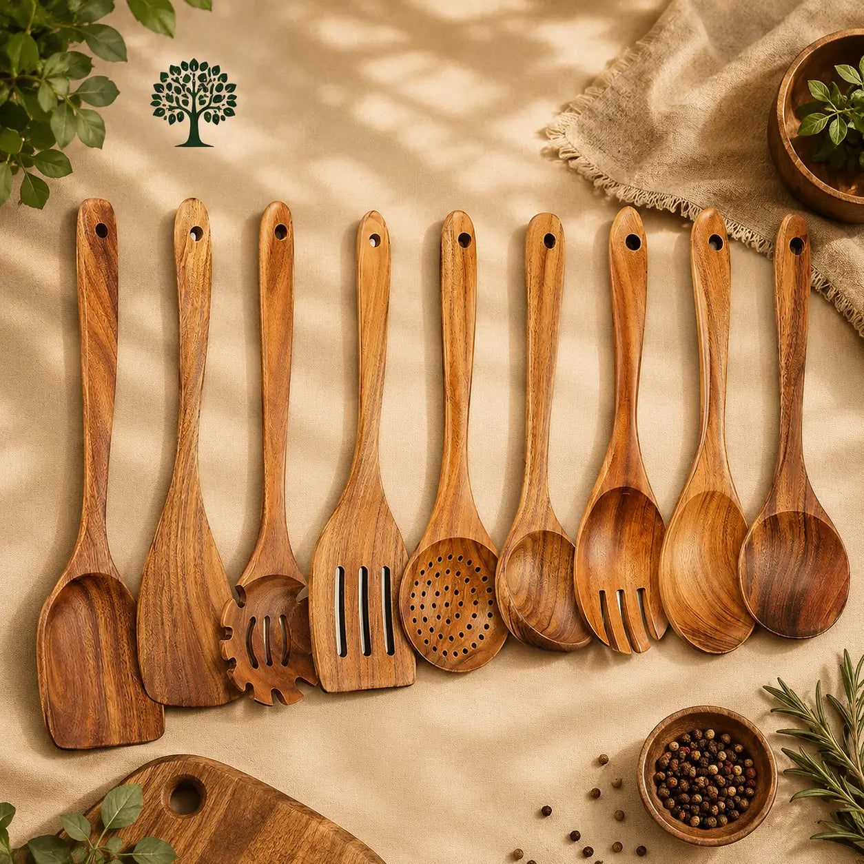 ForestCraft 9-Piece acacia kitchen utensils on counter.