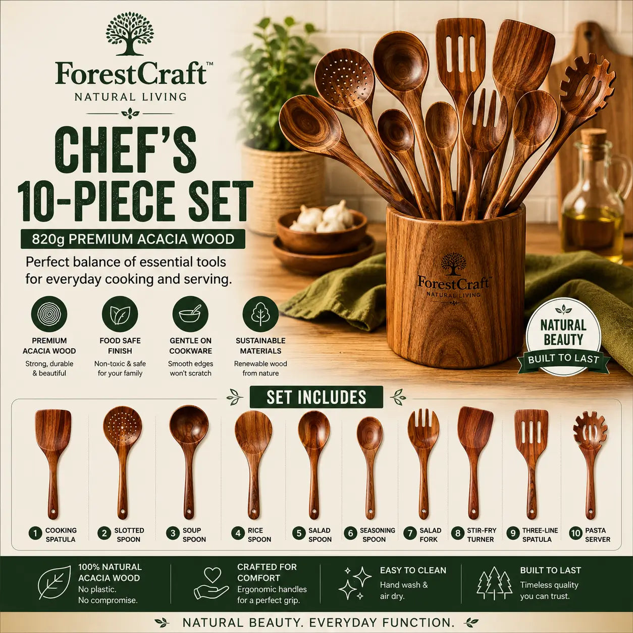 ForestCraft Chef's 10-Piece acacia kitchen utensil set