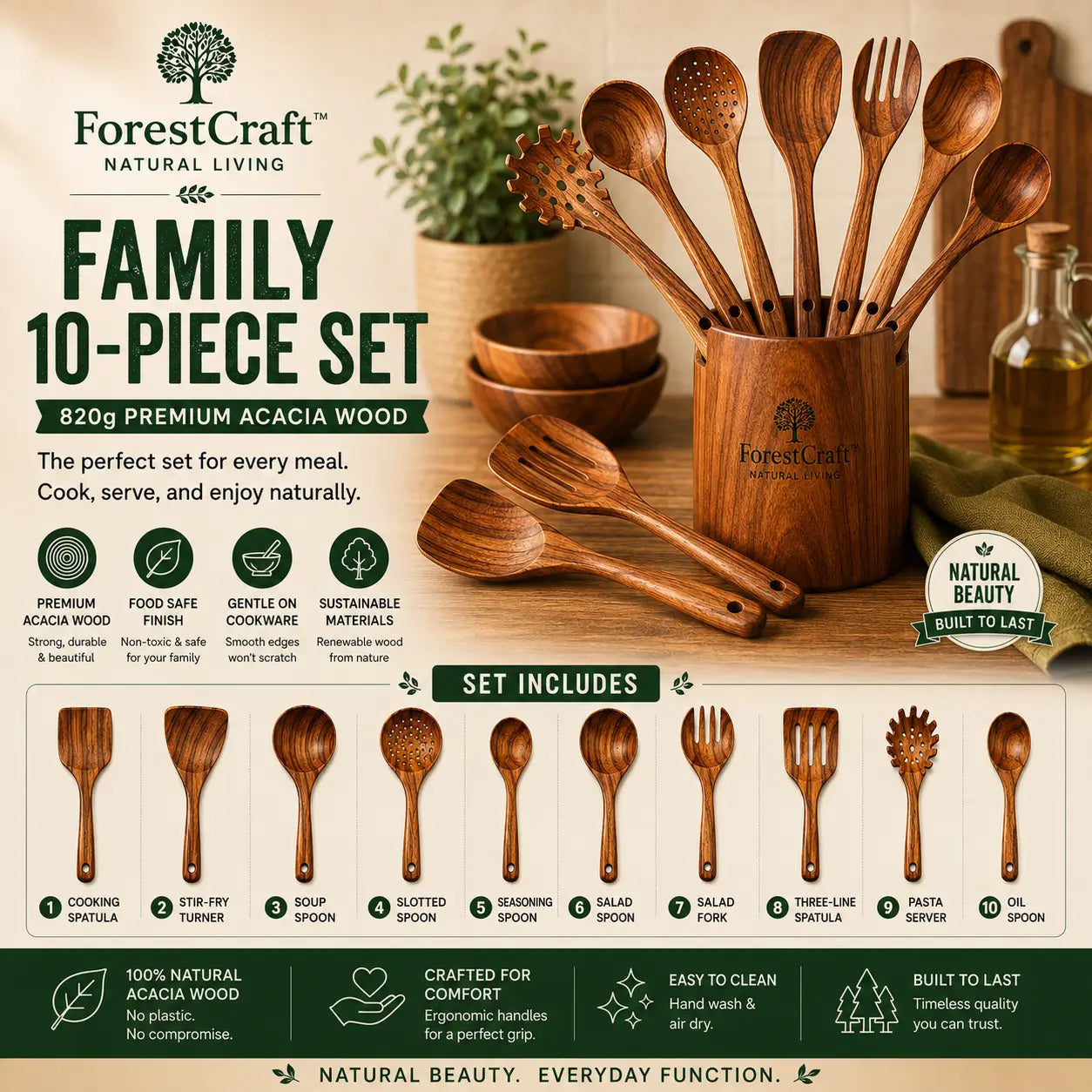 ForestCraft Family 10-Piece acacia kitchen utensil set