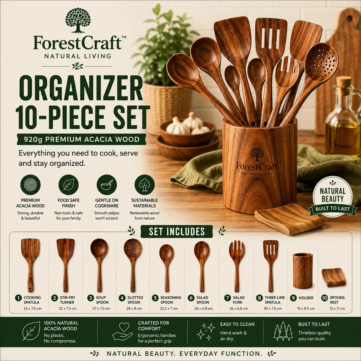 ForestCraft Organizer 10-Piece acacia kitchen utensil set