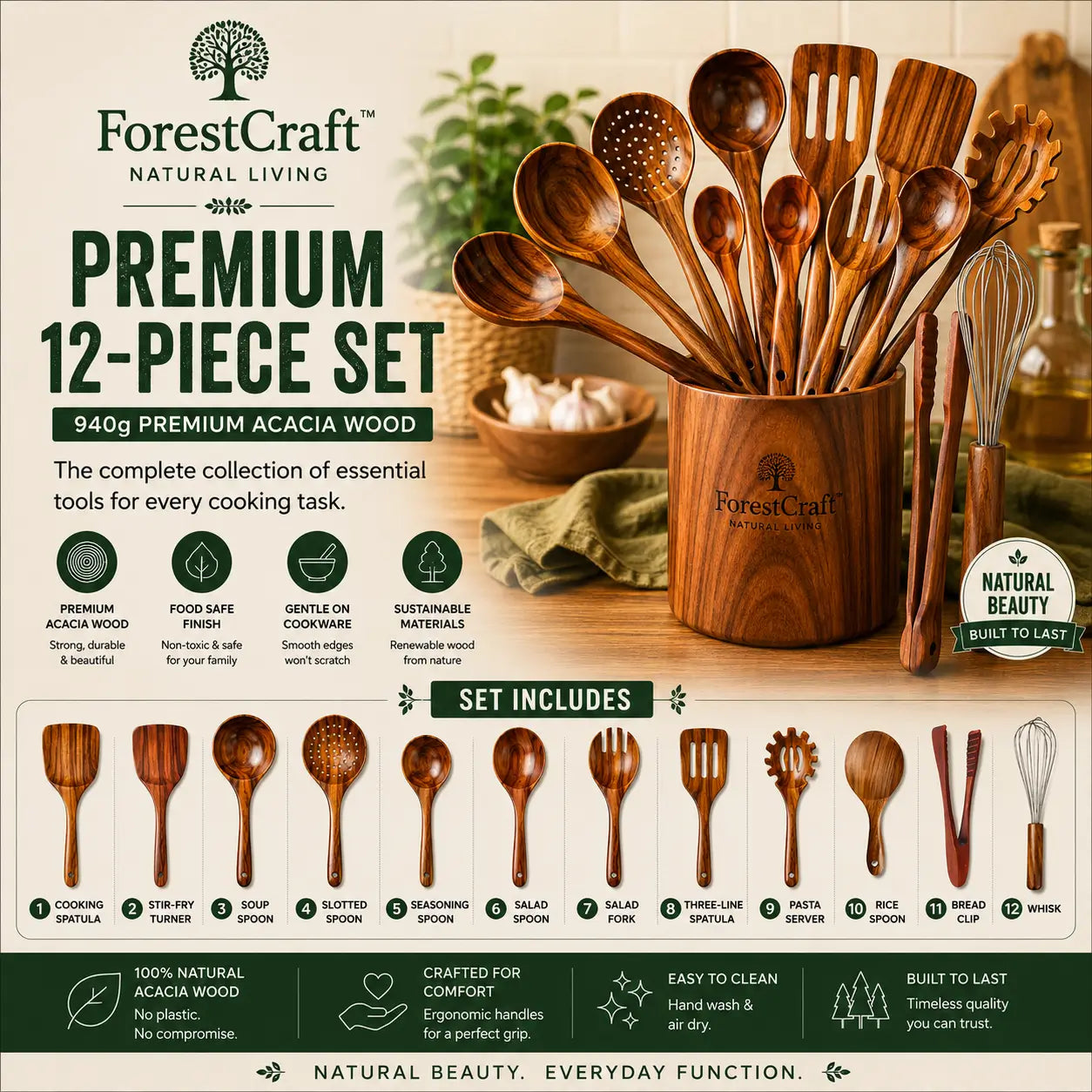 ForestCraft Premium 12-Piece acacia kitchen utensil set