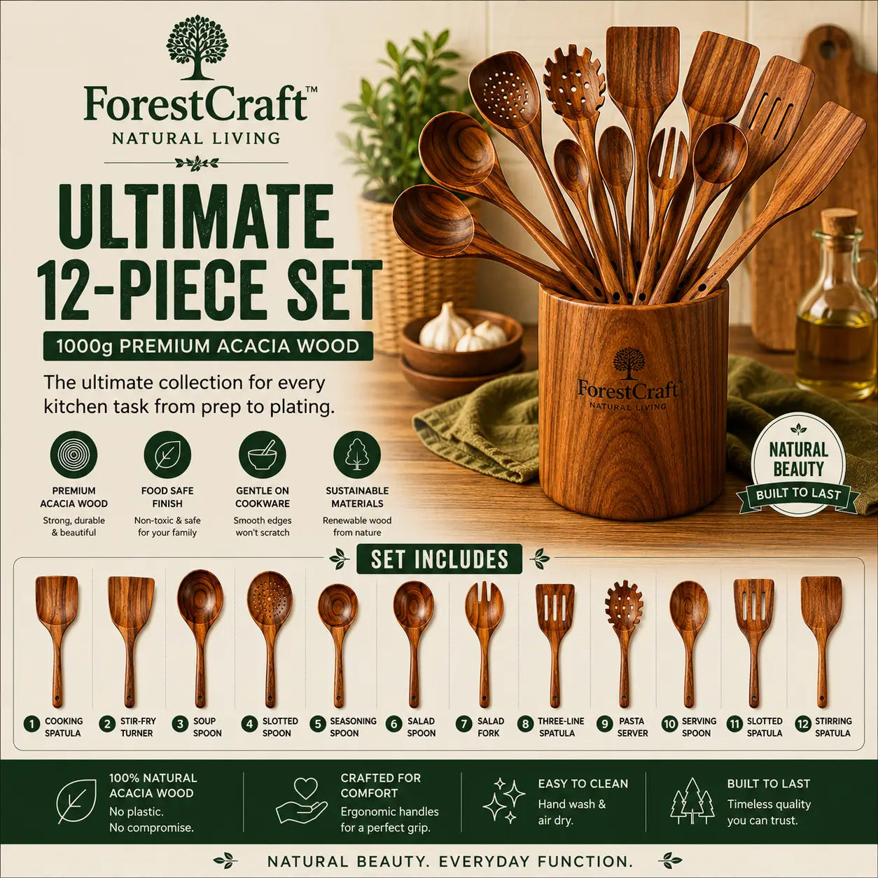 ForestCraft Ultimate 12-Piece acacia kitchen utensil set