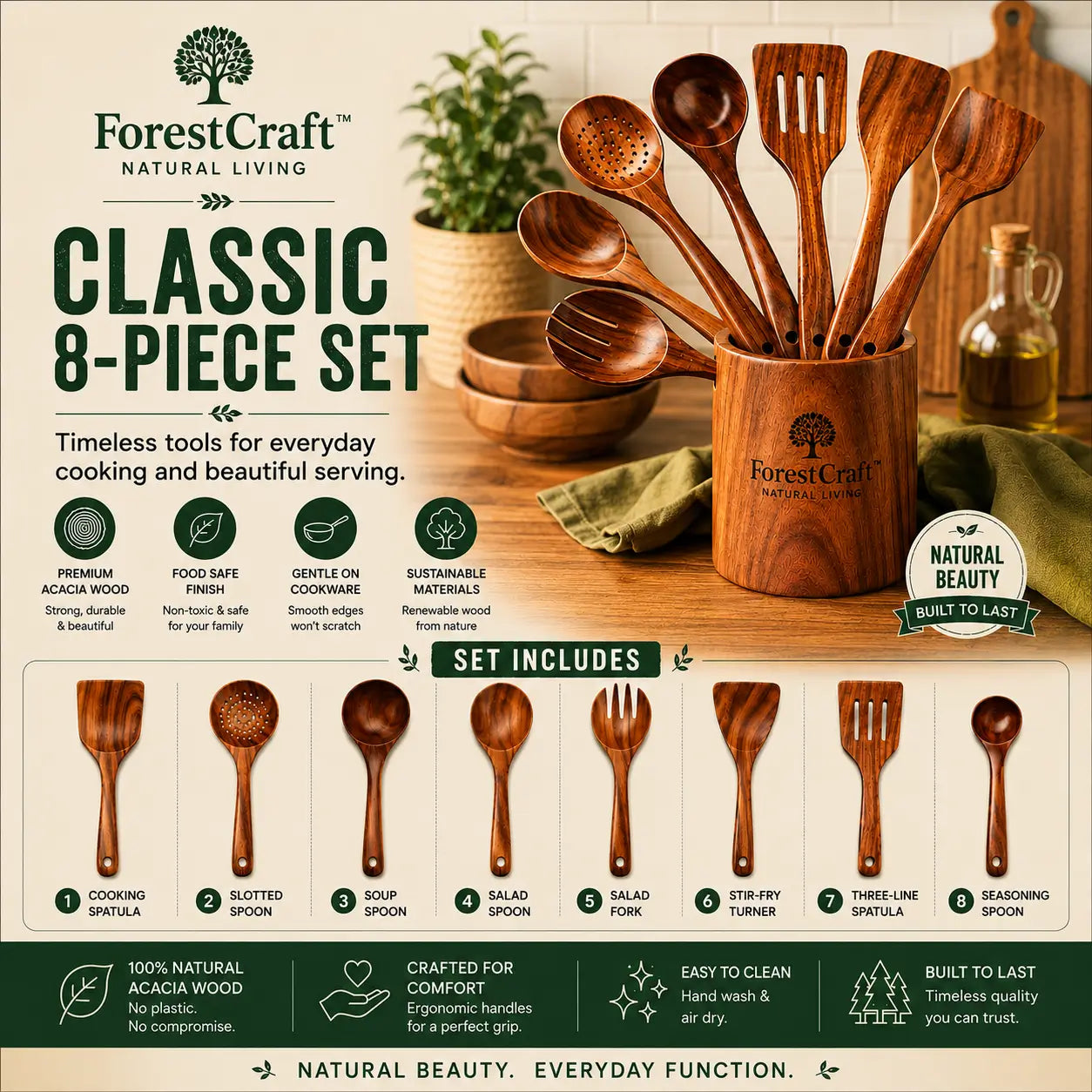 ForestCraft Classic 8-Piece acacia kitchen utensil set
