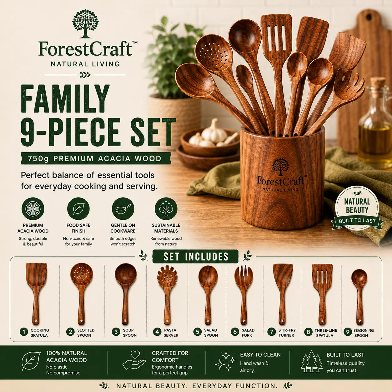 ForestCraft Family 9-Piece acacia kitchen utensil set