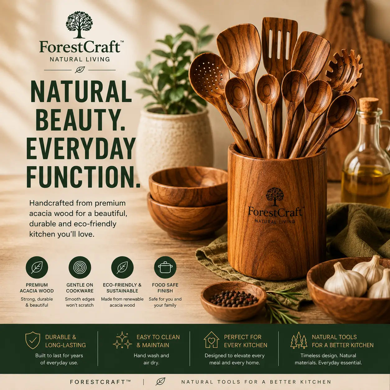 ForestCraft acacia kitchen utensils on a wooden counter