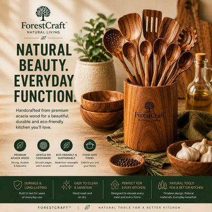 ForestCraft acacia kitchen utensils on a wooden counter