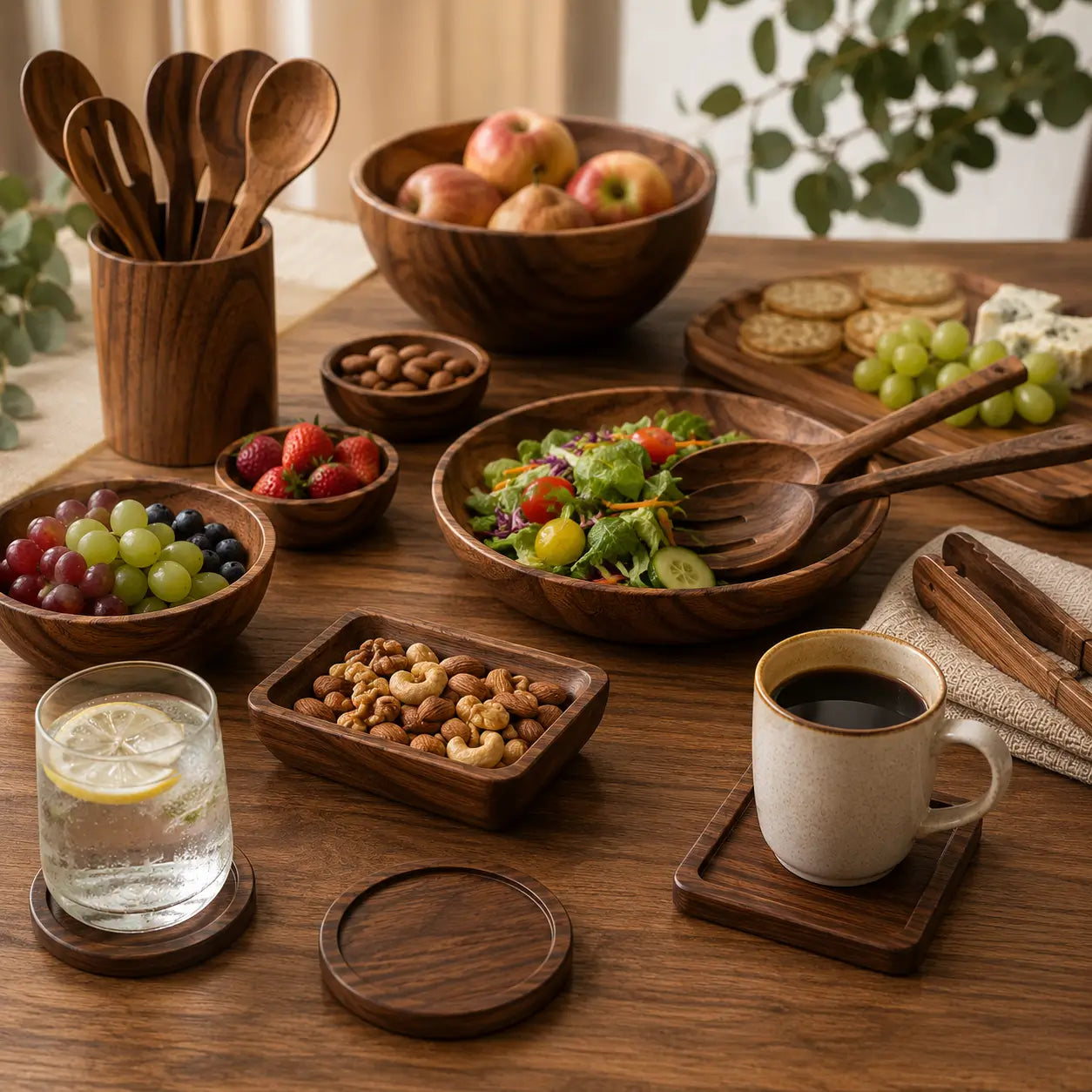 ForestCraft Japanes Walnut Coasters on table with other ForestCraft products
