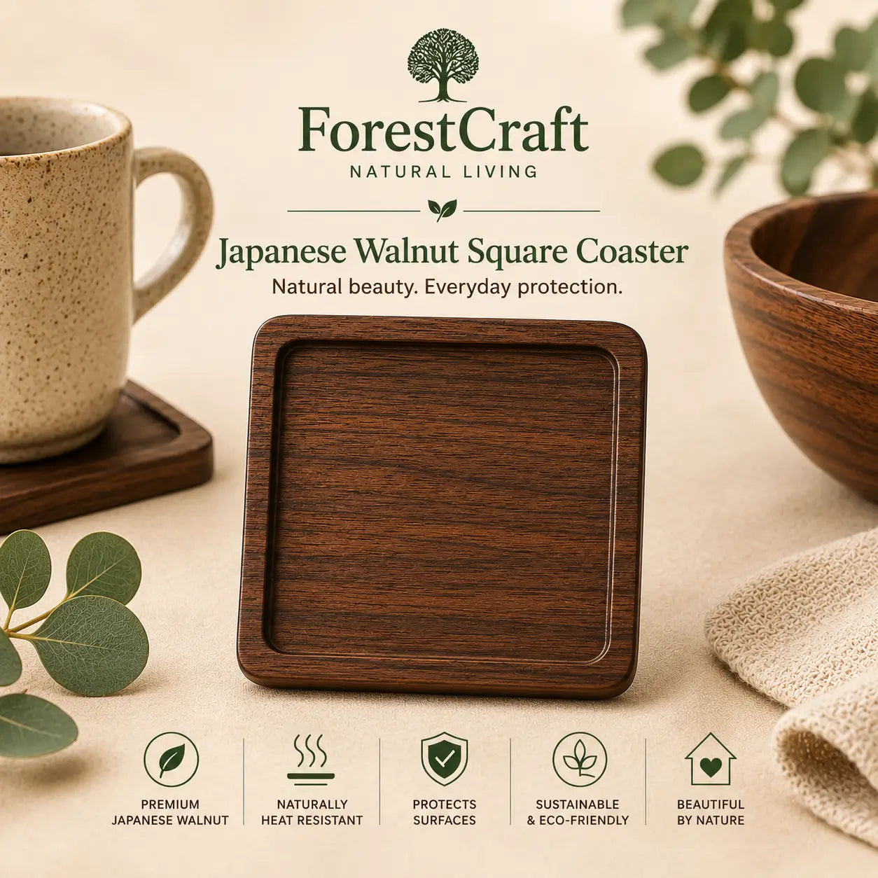 ForestCraft Square Japanese Walnut Coaster