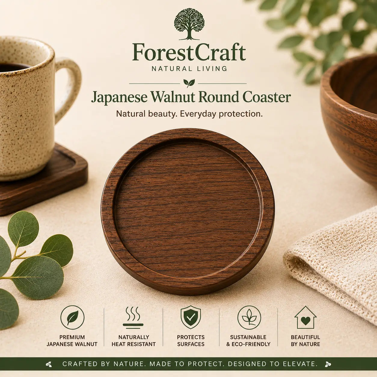 ForestCraft Round Japanese Walnut Coaster