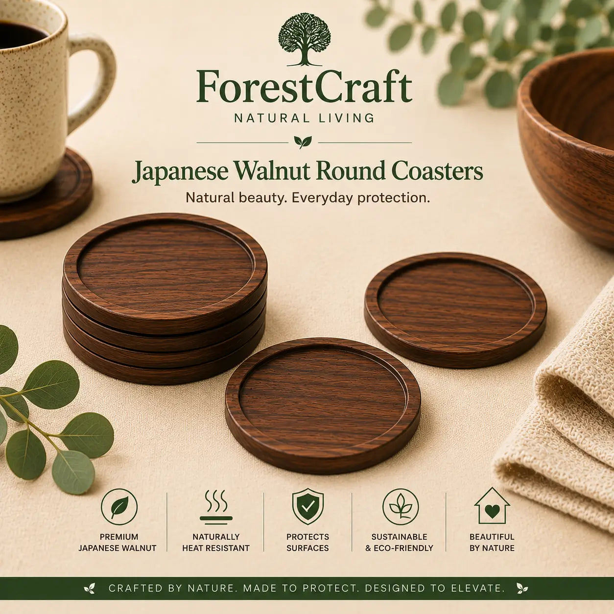 ForestCraft Japanese Round Walnut Coasters