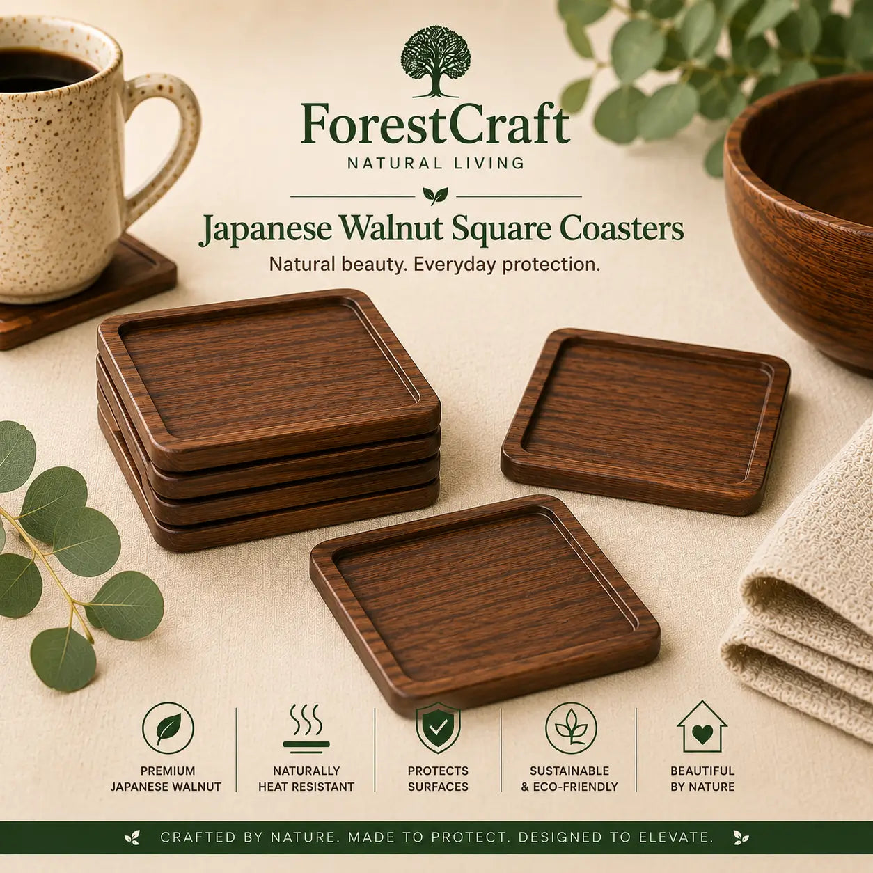 ForestCraft Square Japanese Walnut Coasters