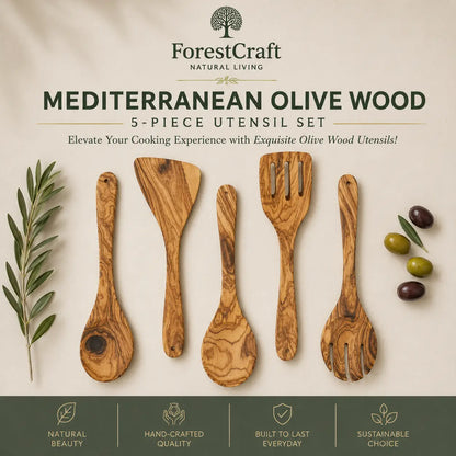 ForestCraft Mediterranean Olive Set olive wood utensils showing natural grain