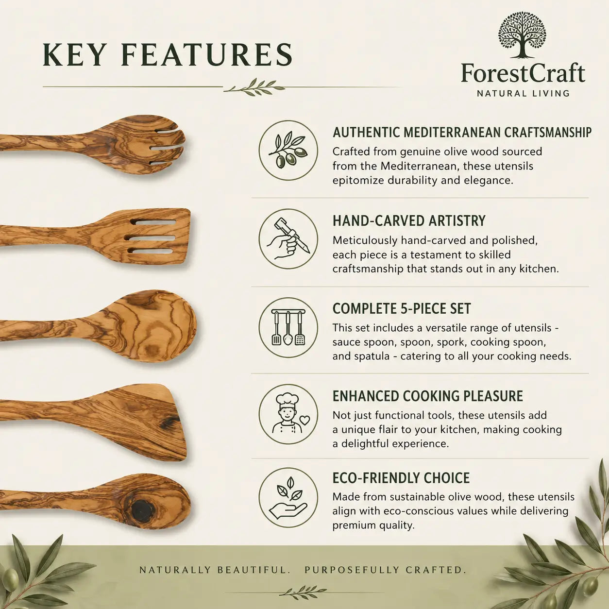 ForestCraft Mediterranean Olive Set olive wood utensils styled on a kitchen counter