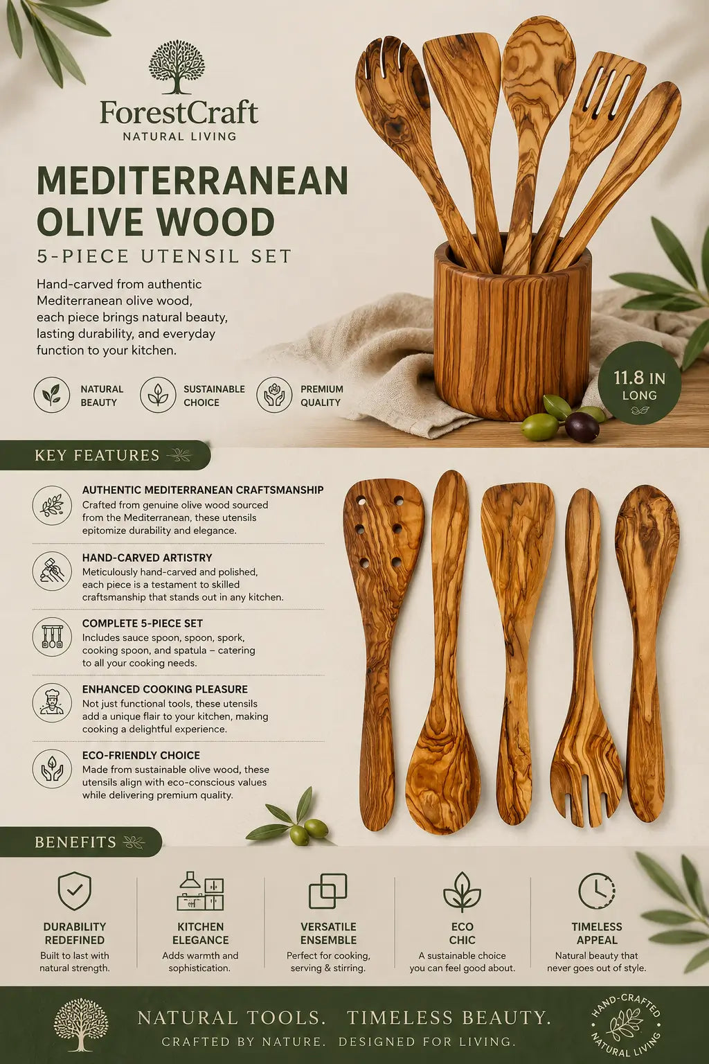 ForestCraft olive wood kitchen utensils from the Mediterranean Olive Set in use