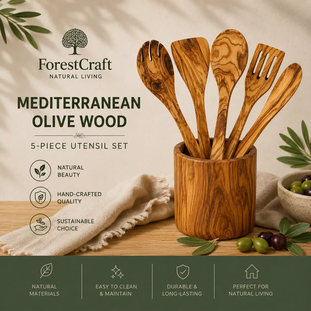 ForestCraft Mediterranean Olive Set of handcrafted olive wood kitchen utensils